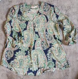 Rose & Olive Womens XL Blouse,  Colorful Paisley Print, V-neck, 3/4 Sleeve,